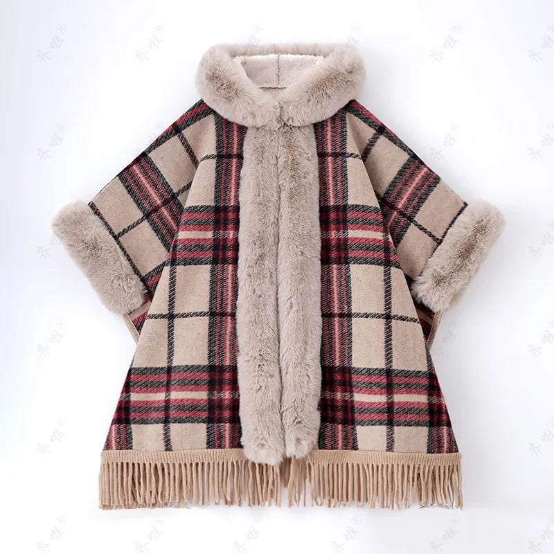 Faux Rabbit Fur Plaid Hooded Poncho Coat for Women