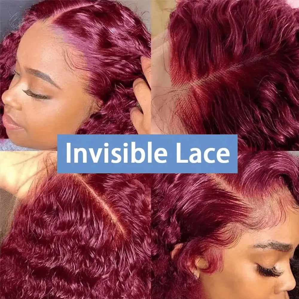 Preplucked Burgundy Deep Wave Lace Front Wig for Women