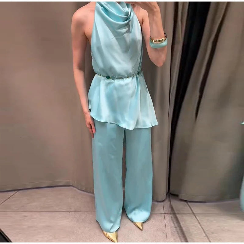 Turquoise Satin Cowl Neck Halter Top And Wide Leg Pants 2 Piece Set For Women