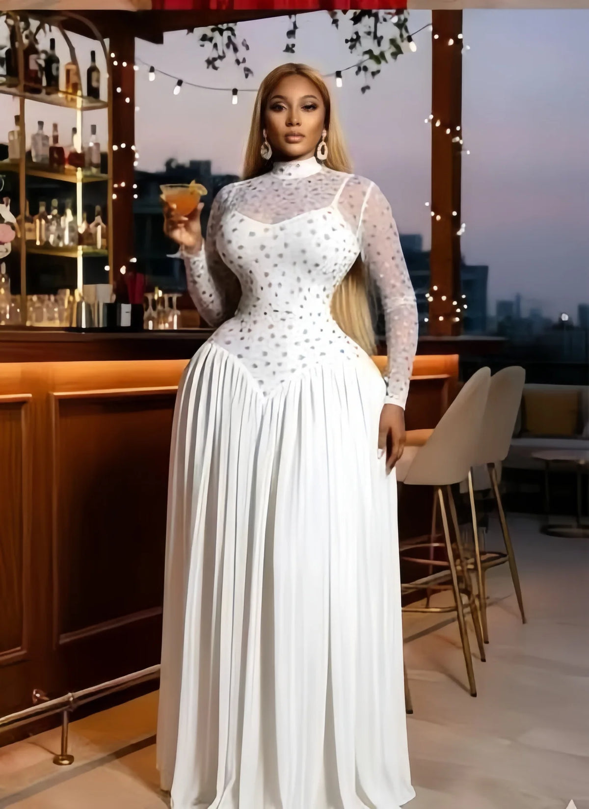 Pleated Stand Collar Maxi Dress With Long Sleeves for Women