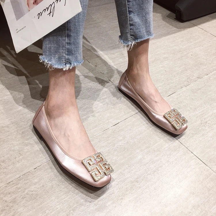 Rhinestone Buckle Square Toe Slip On Flats for Women