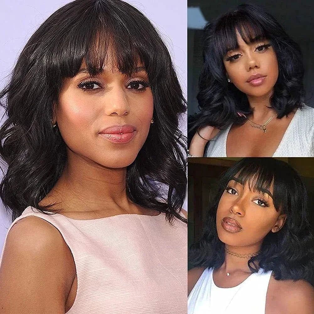 Natural Black Body Wave Bob Wig With Bangs for Women