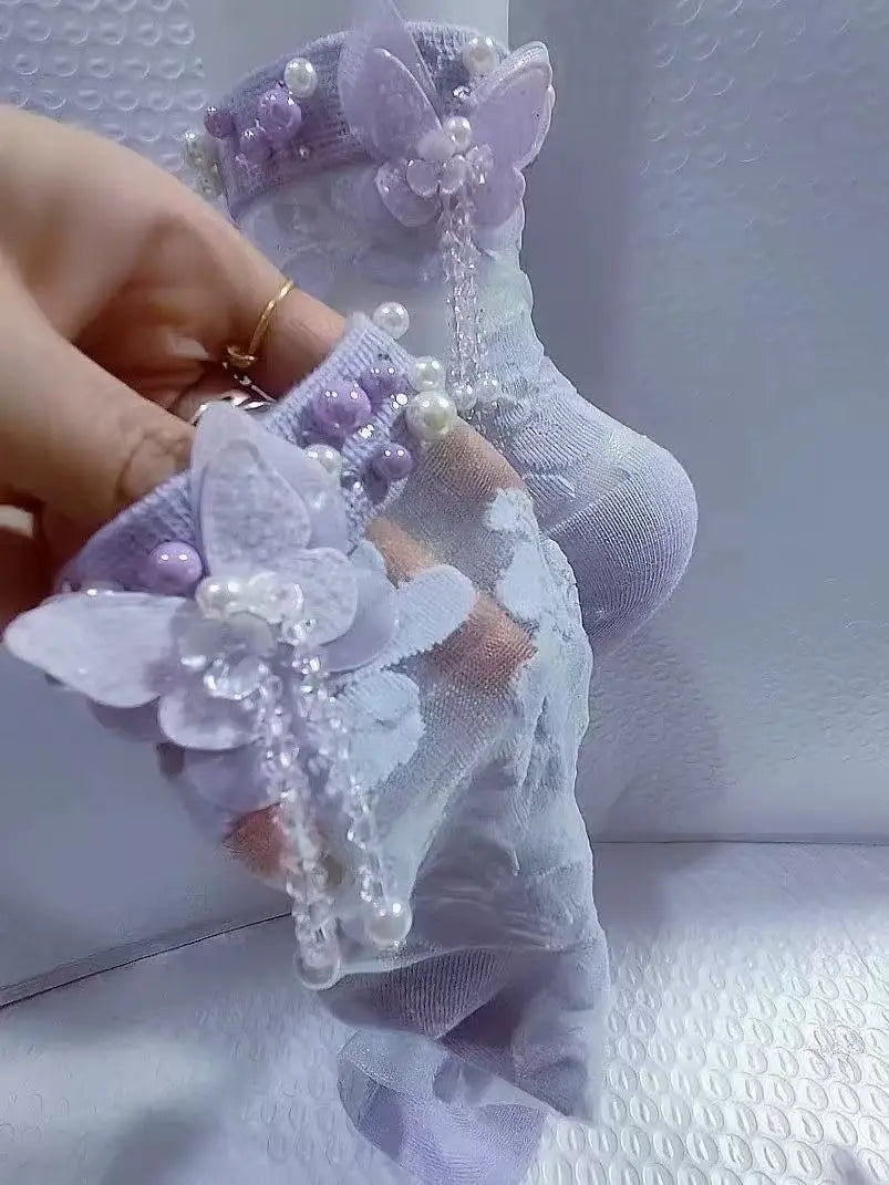 Elegant Crystal Beaded Tassel Pearl Socks for Women