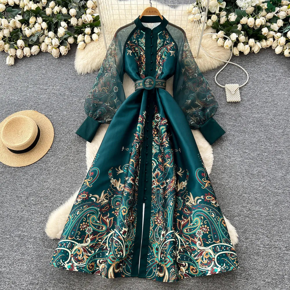 Elegant Printed Mesh Spliced A Line Maxi Dress for Women