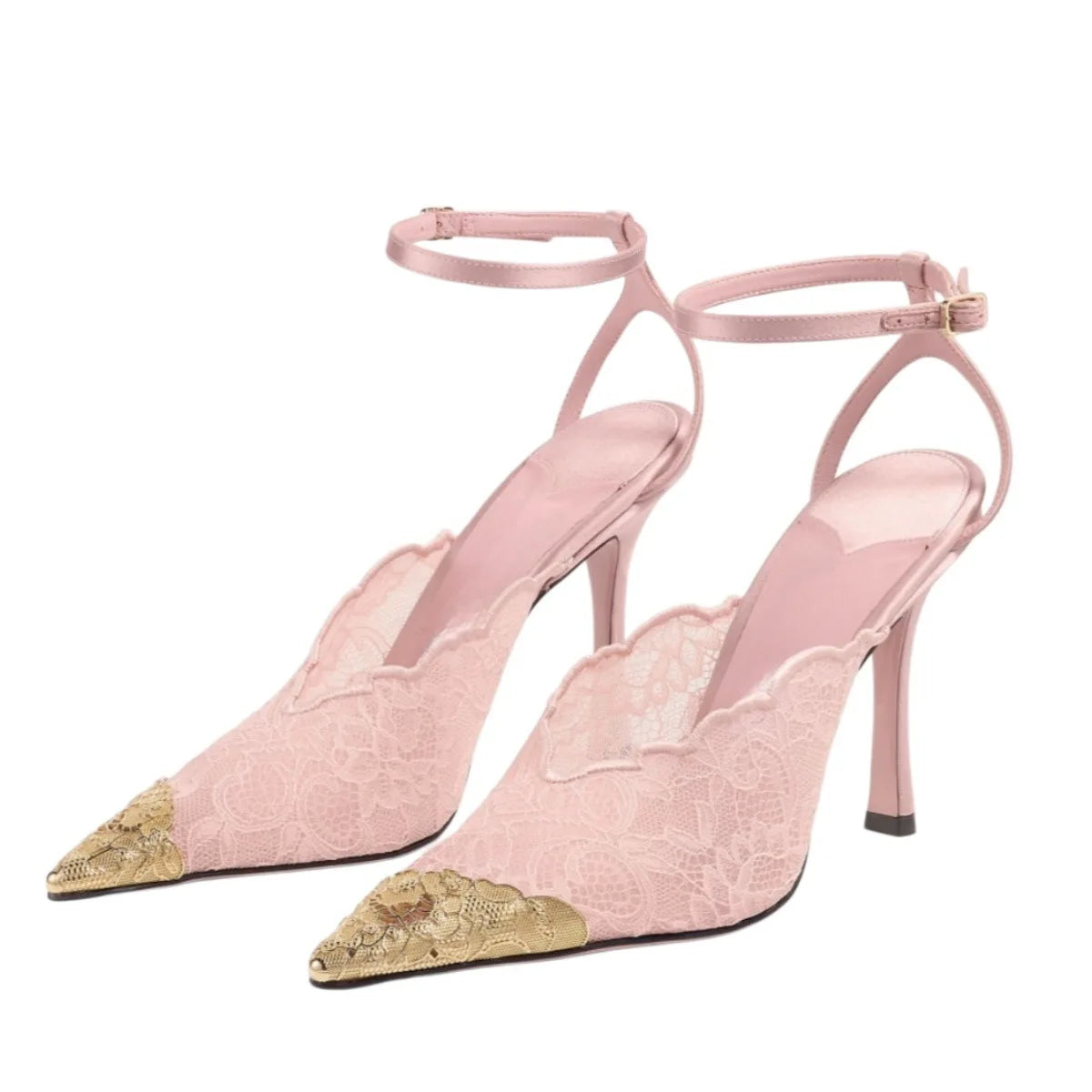 Lace Gold Embroidered Slingback Stiletto Heels for Women