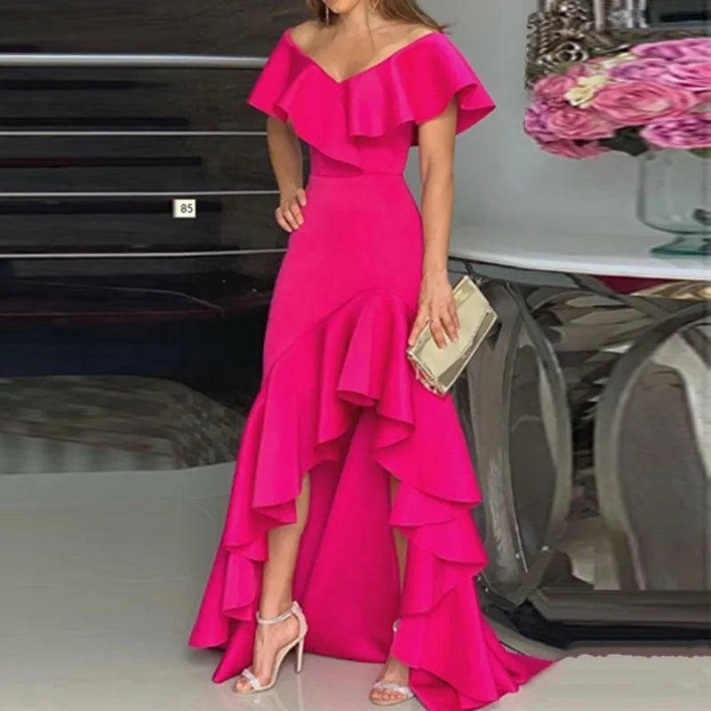 Elegant V-Neck Ruffle Hem Asymmetrical Dress European Style Women's Fashion 2026 Gown Classy Eveningwear