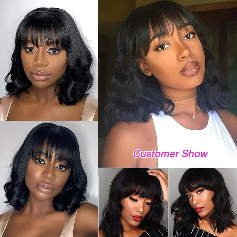 Natural Black Body Wave Bob Wig With Bangs for Women