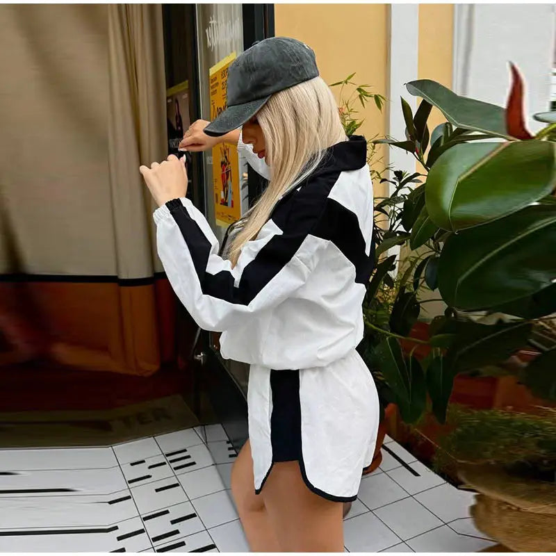 Color Block Zip Up Tracksuit With High Waist Shorts For Women