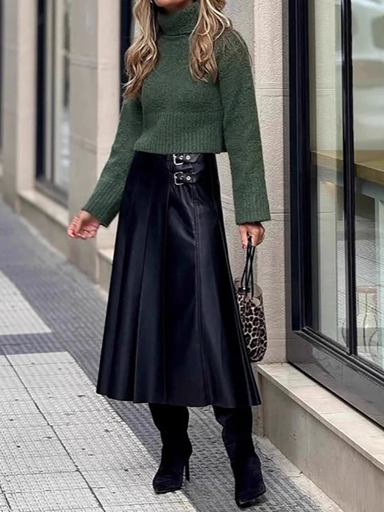 High Waist Lace-Up Faux Leather Midi Skirt for Women