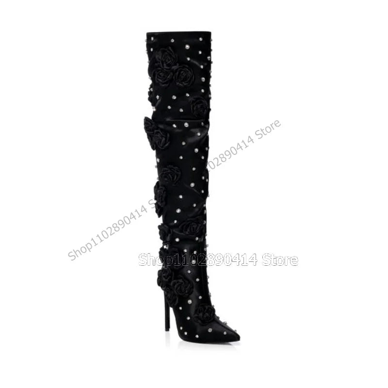 Black Silk Floral Applique Crystal Pointed Toe Thigh High Boots For Women