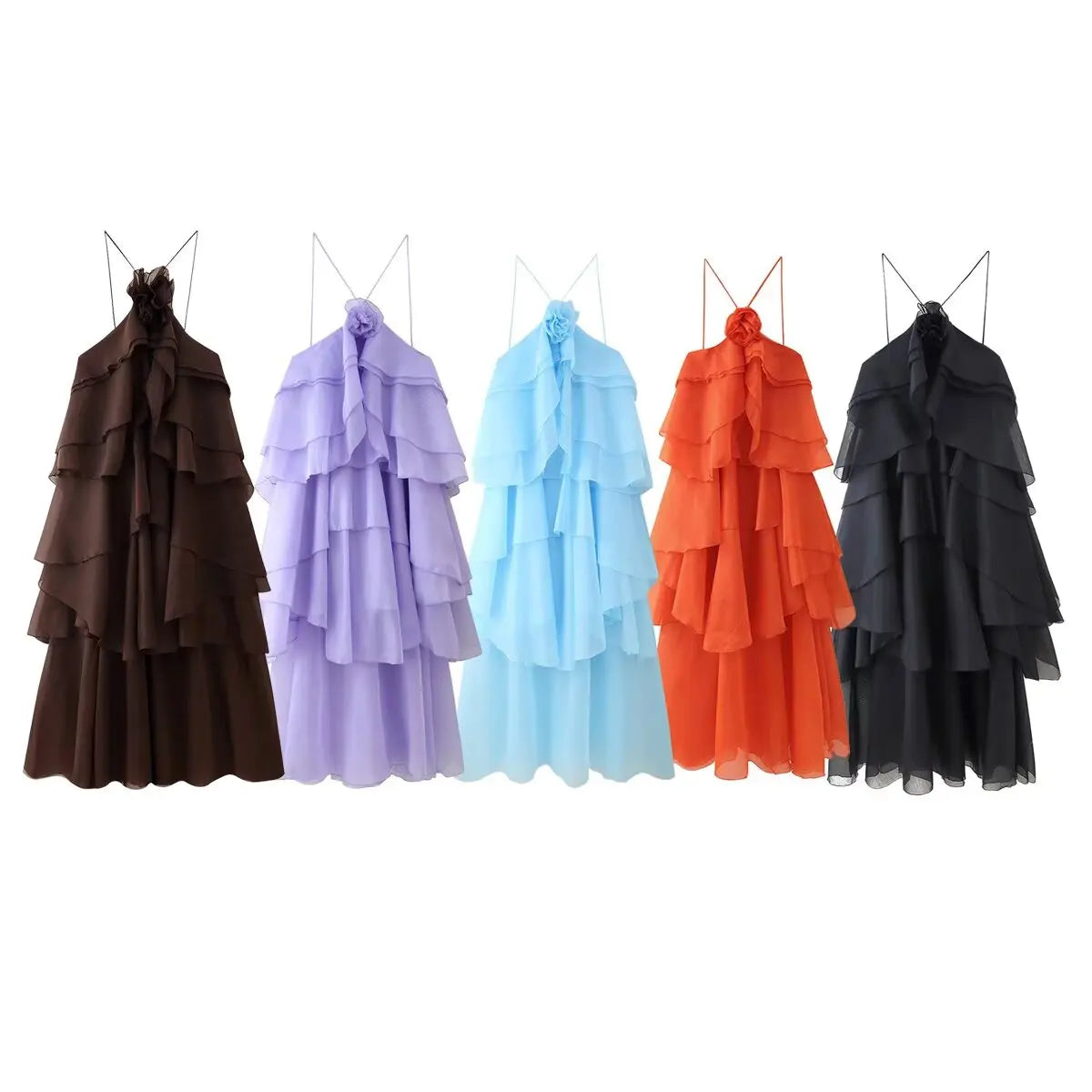 Backless 3D Flower Cascading Ruffle Halter Maxi Dress For Women