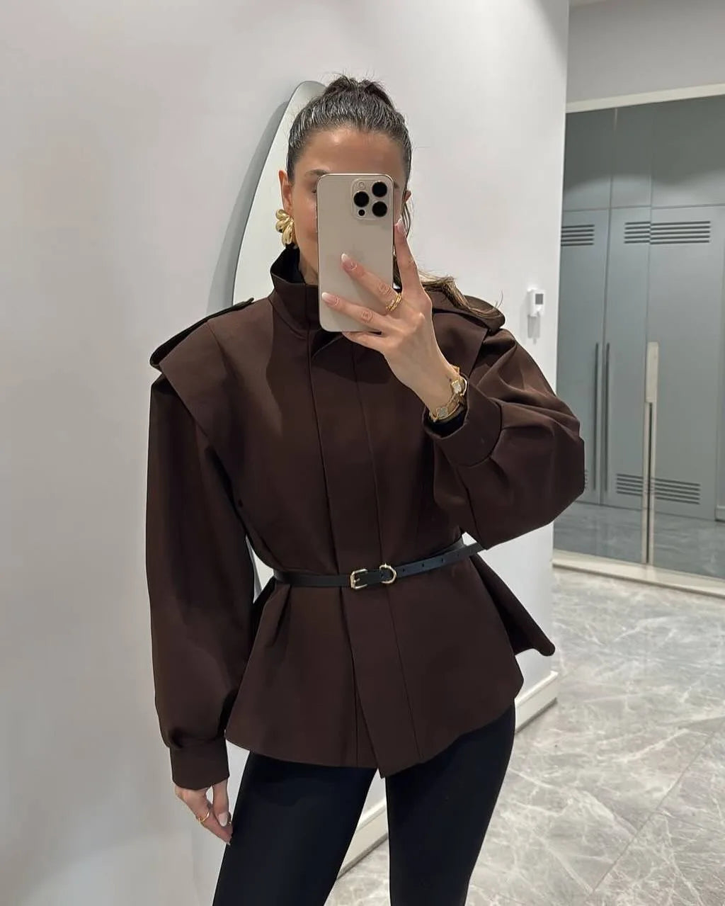 Elegant Short Trench Coat With Stand Collar for Women