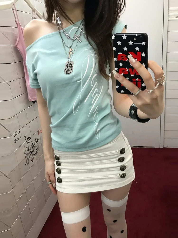 Nibber Leisure Comfortable Patchwork Lace t-Shirt Women Skew Collar Letter Print Skinny High Elasticity High Street Clubwear