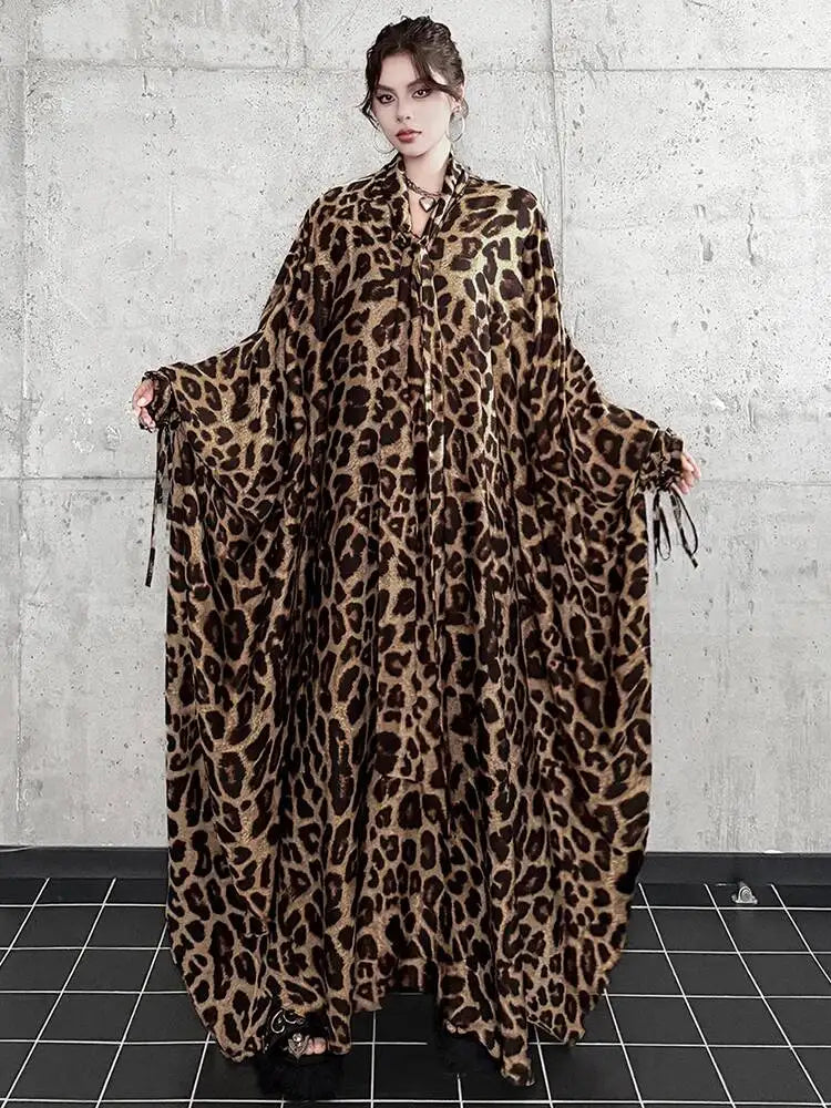 Leopard Print V-Neck Long Sleeve Midi Dress for Women