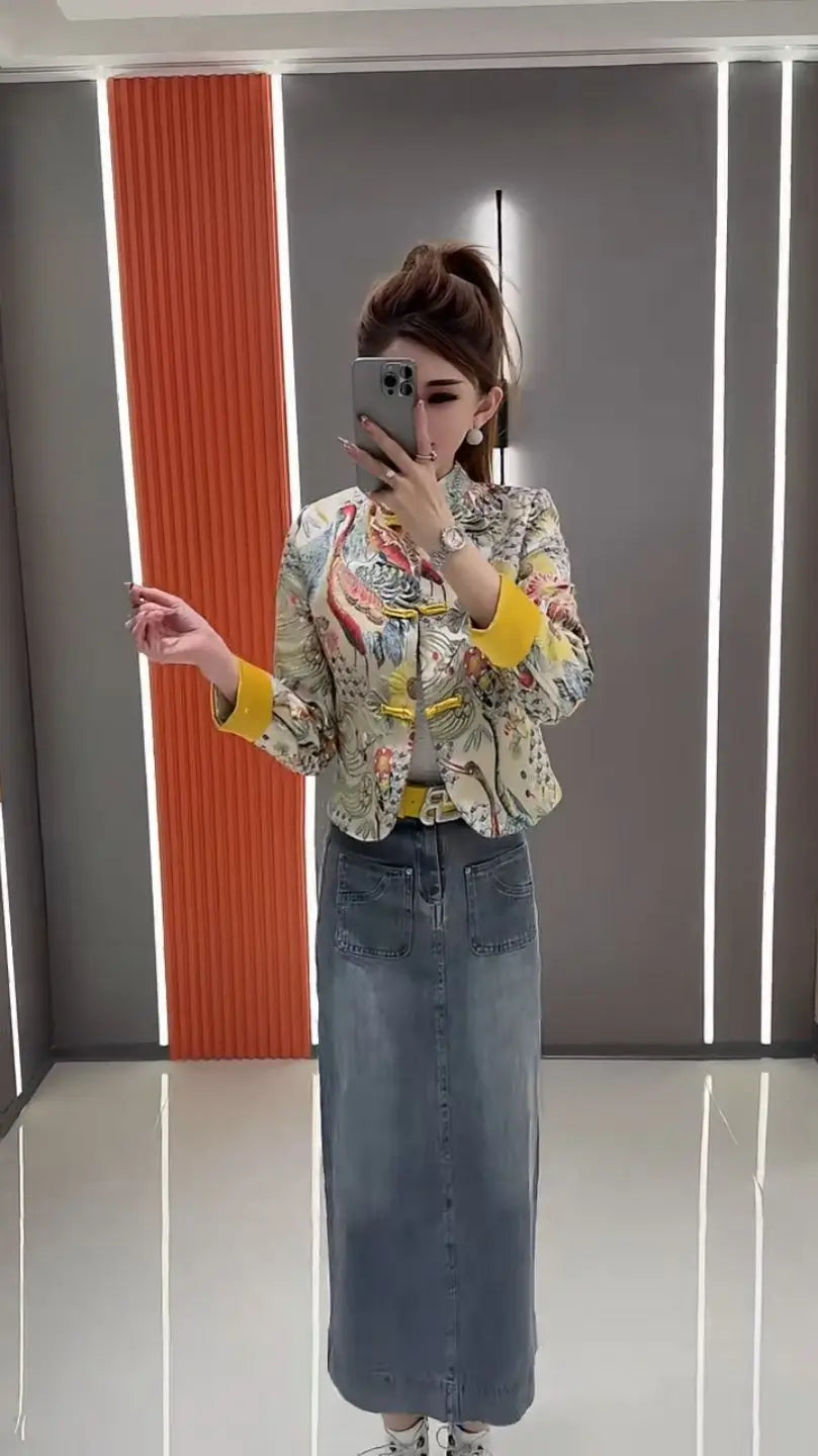 Women Print Coat 2025 Spring New Retro Chinese Printed Splicing Plate Buckle Stand Collar Long Sleeve Short Jacket Women