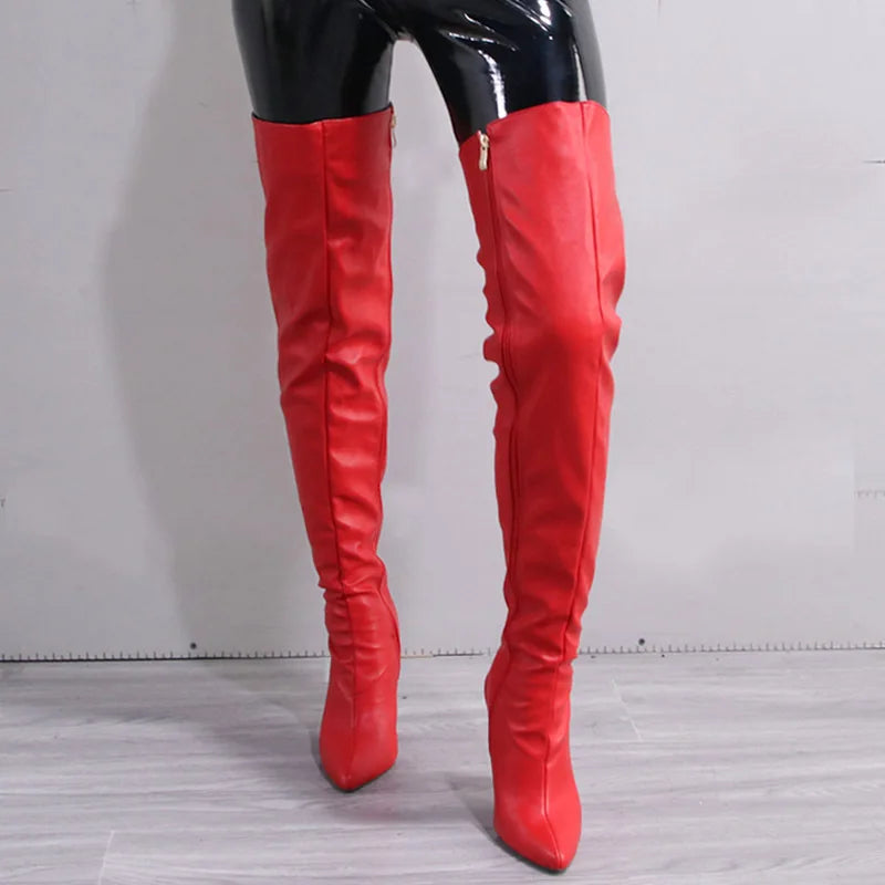 Fashion Leather Side Zipper Pointed Toe Stiletto Over The Knee Boots for Women