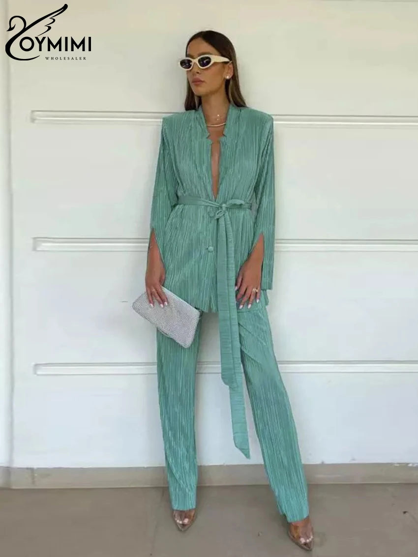 Oymimi Sexy Black Pleated 2 Piece Sets Women Outfit Fashion Loose Slit Long Sleeve Lace-Up Top With High Waist Pants Set Female