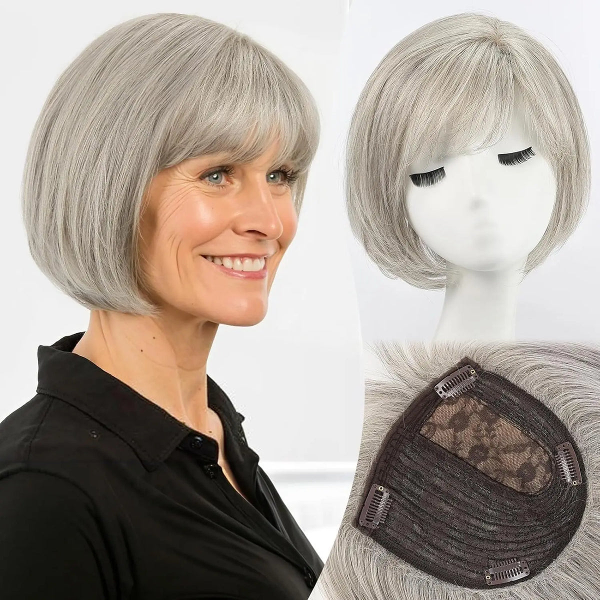 Silver Gray Remy Human Hair Topper With Bangs For Women