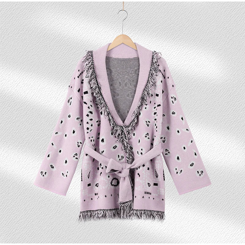 Loose Jacquard Patchwork V-Neck Cardigan With Tassels For Women