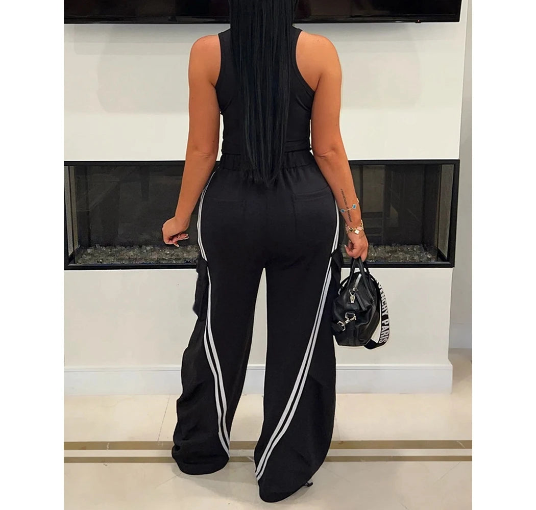 Women's Denim Patchwork Pockets Cargo Pants Side Stripes Wide Leg Casual Streetwear Sweatpants Sports Wear