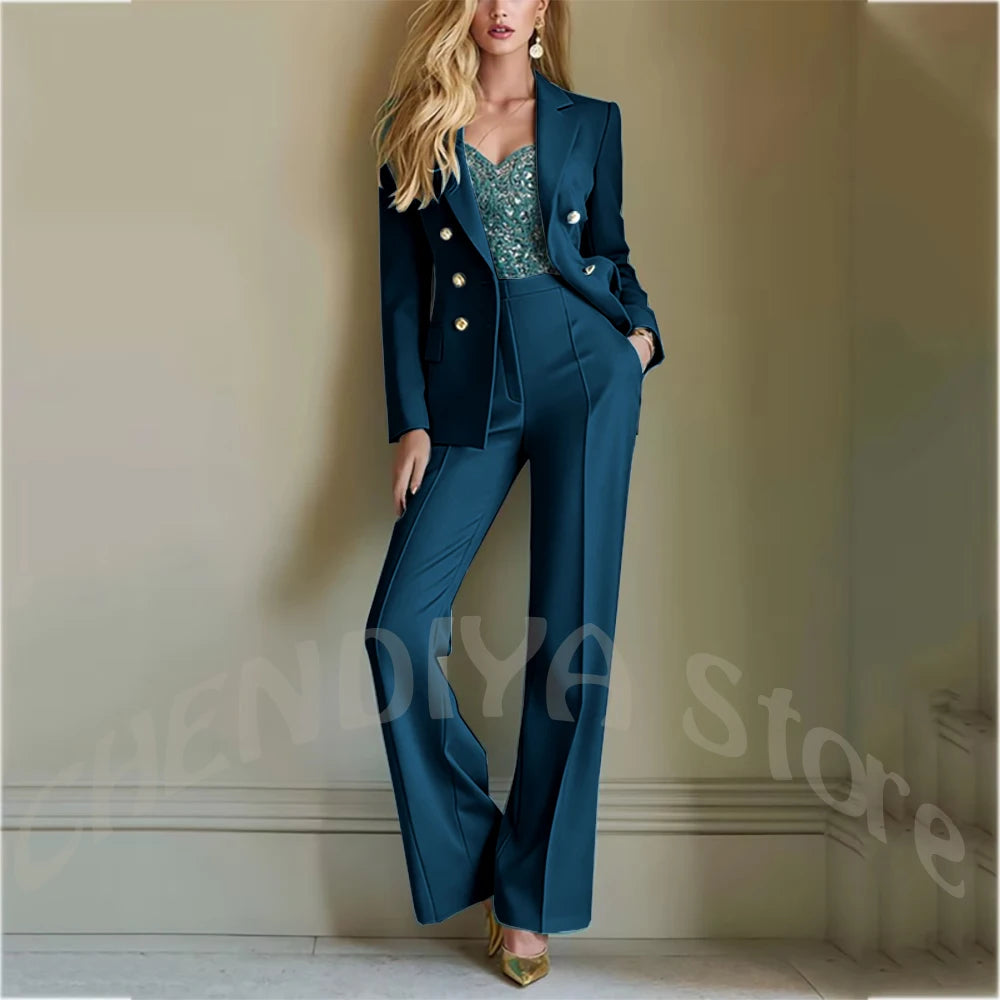 Solid Color Suit For Women High Quality Double Breasted Two Piece Notch Lapel Slim Fit Elegant Fashion Female Outfit Jacket Pant