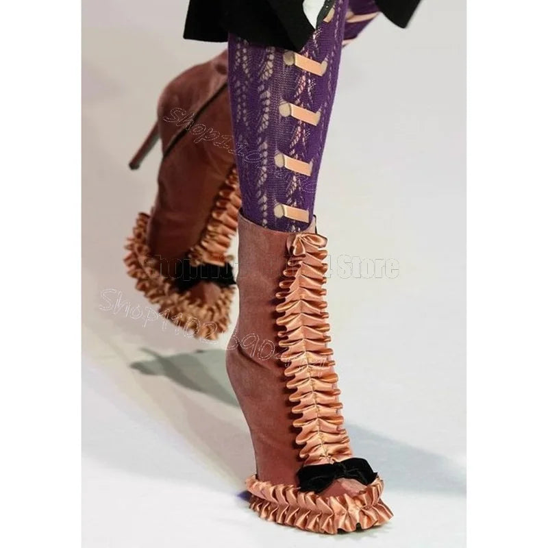 Dusty Pink Corduroy Ruffle Bow Side Zipper Boots for Women