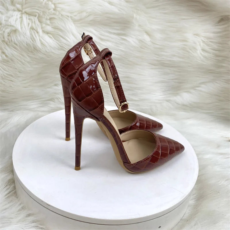 Crocodile Embossed Pointed Toe Buckle Stiletto Sandals for Women