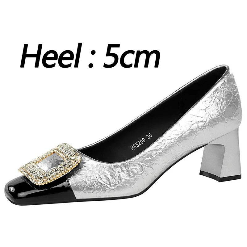 Elegant Crystal Detail Square Heel Pumps for Women