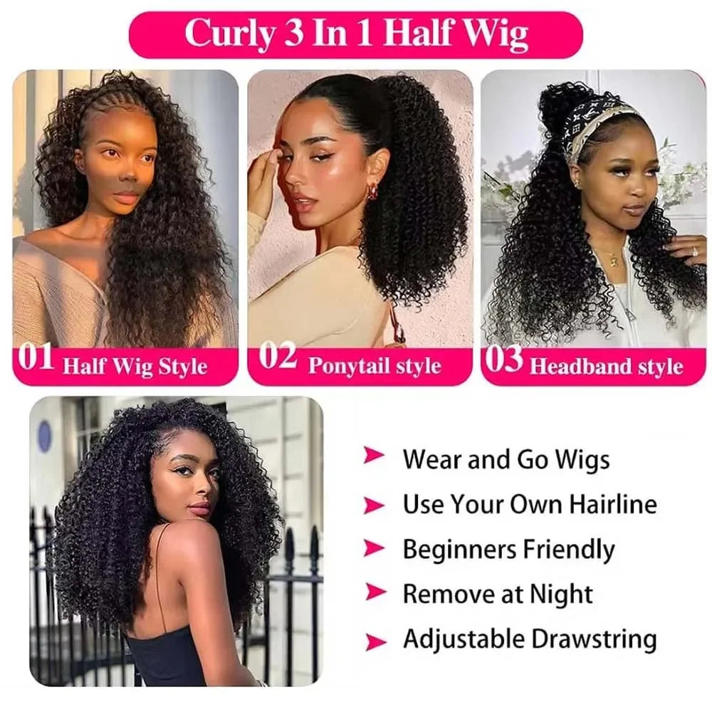 Seamless Drawstring Kinky Curly Half Wig for Women