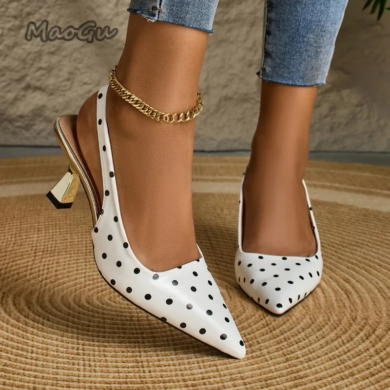 White Polka Dot Slingback Kitten Heel Pumps for Women