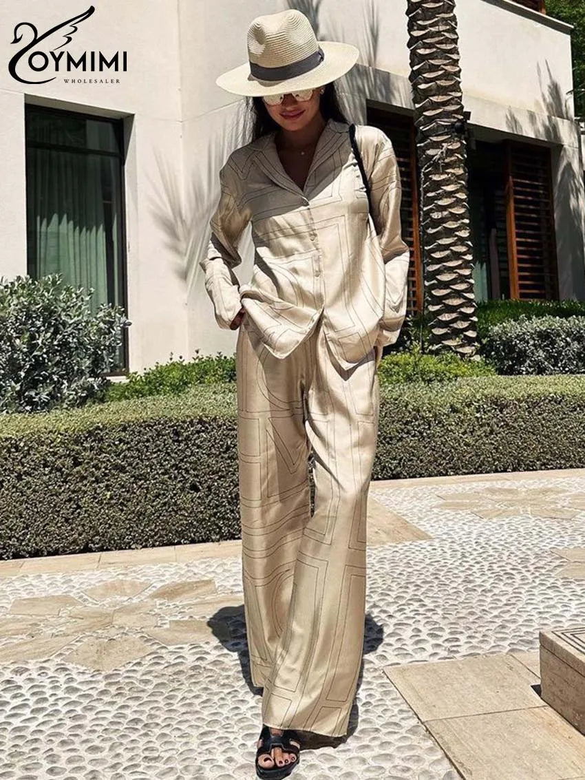 Oymimi Elegant Beige Print Two Piece Set For Women Fashion Long Sleeve Single Breasted Shirts And High Waisred Trousers Sets