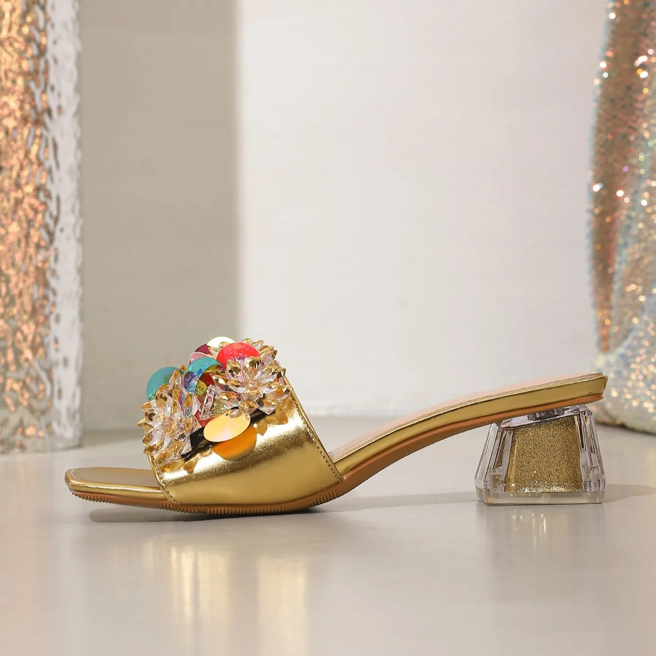 Bohemian Style Gold Rhinestone High Heel Sandals for Women