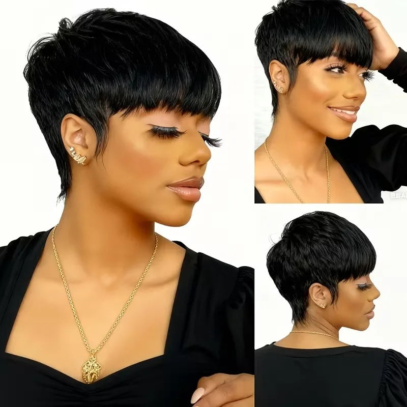 Straight Black Short Layered Pixie Wig Human Hair For Women