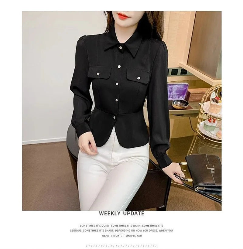 Autumn 2025 New Women Short Long-sleeved Chiffon Blouse Shirt Western-style Blouse Female  Slim Pure Colour Bottoming Shirt