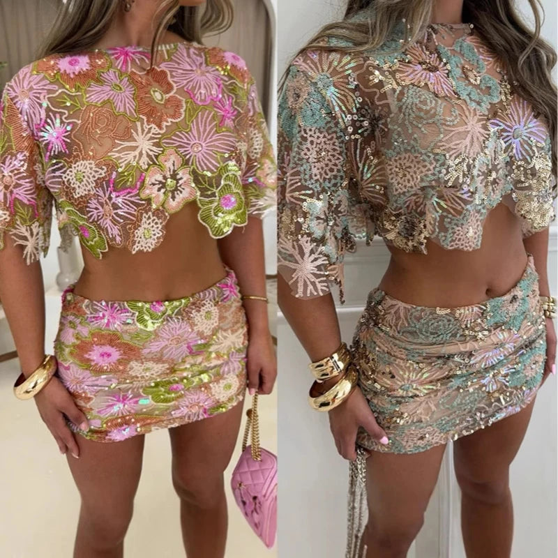 Embroidered Sequins O Neck Two Piece Set
