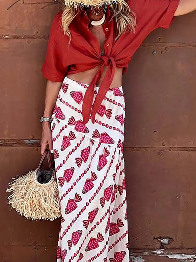 Women Autumn Beach Style Sexy Skirts, 2025 Patchwork Chic Elegant Fashion Skirts, Holiday Simple Retro Print Ladies Maxi Skirts