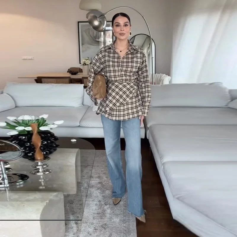 Elegant Plaid Patchwork Long Sleeve Shirt for Women