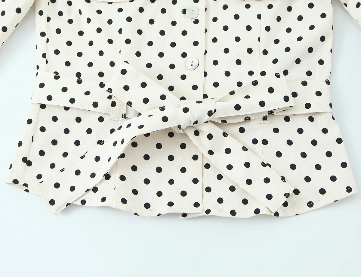 Polka Dot Shirt Jacket and Capri Pants Two Piece Set for Women