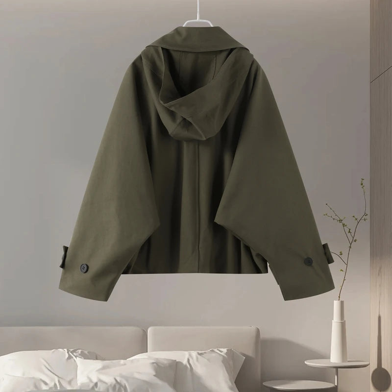 Vintage Single Breasted Women 's Treach Coats Loose Hooded Pockets Full Sleeve Short Jacket Female 2025 Autumn New Lady Outwears