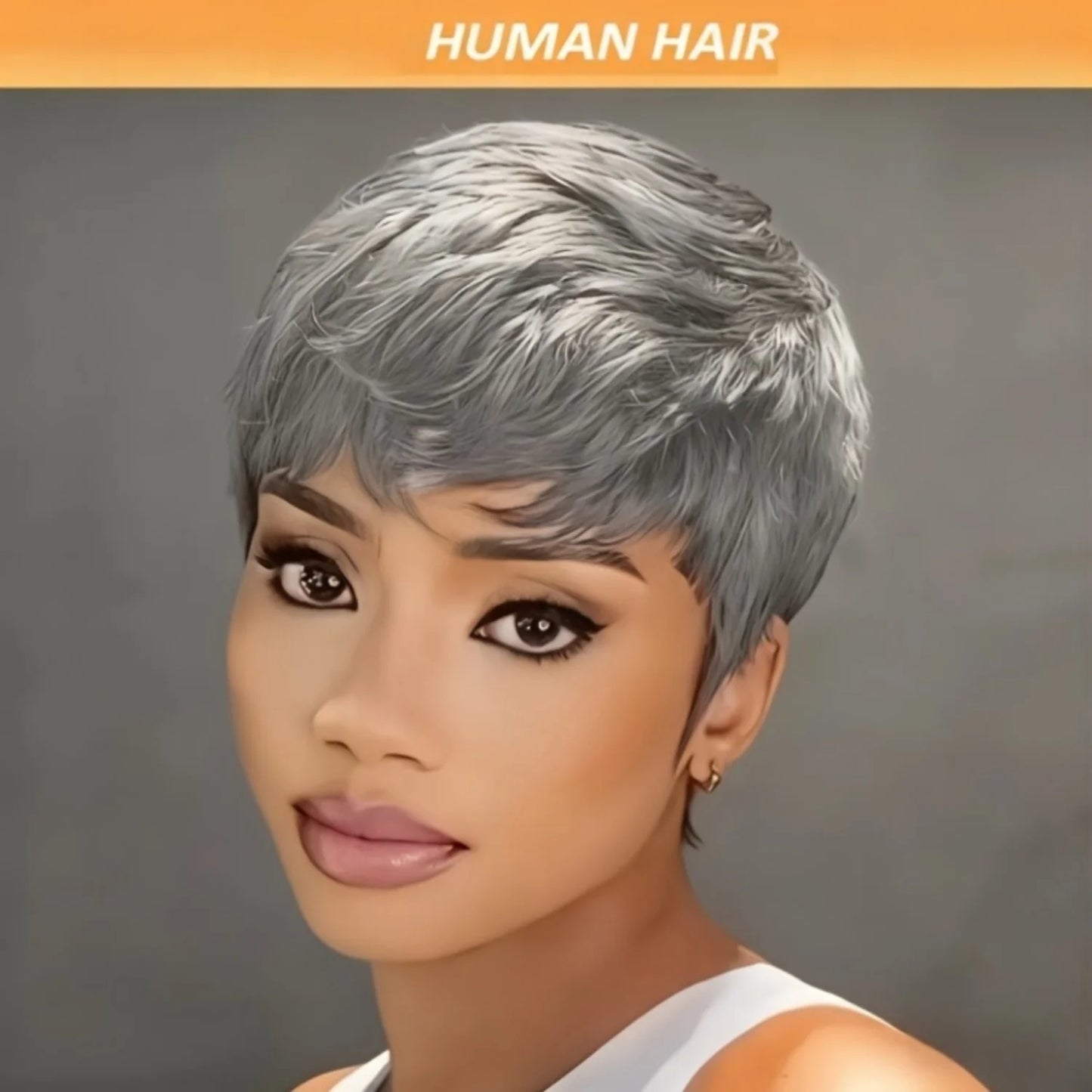 Short Layered Straight Grey Remy Human Hair Pixie Cut Wig For Women