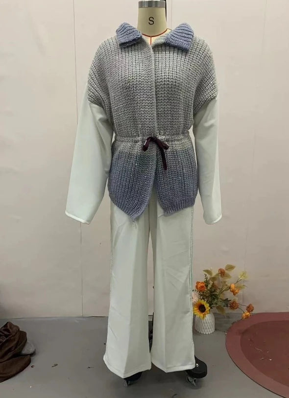 Women Elegant Pant Sets Two Piece Long Sleeve Sequins Splice Sweater Jacket Coat High Waist Side Sequin Trim Wide Leg Trousers