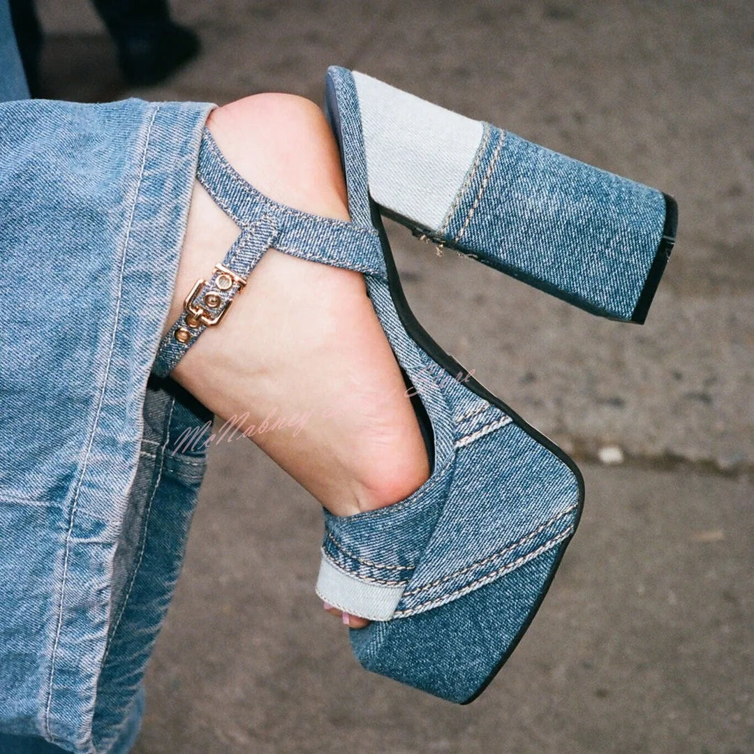 Denim Patchwork Open Toe Square Heel Platform Sandals For Women