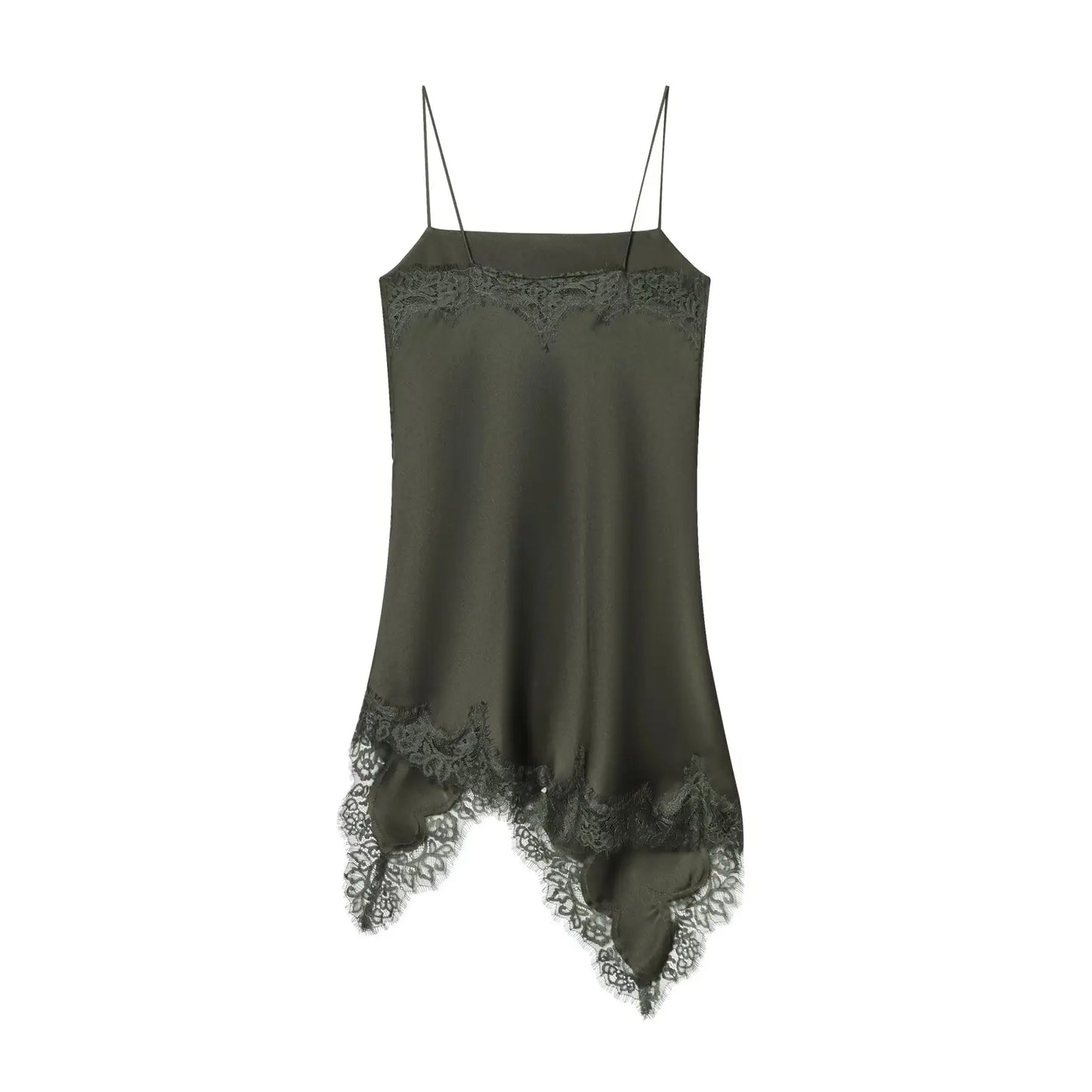 Elegant Dark Green Satin Lace Slip Evening Dress For Women