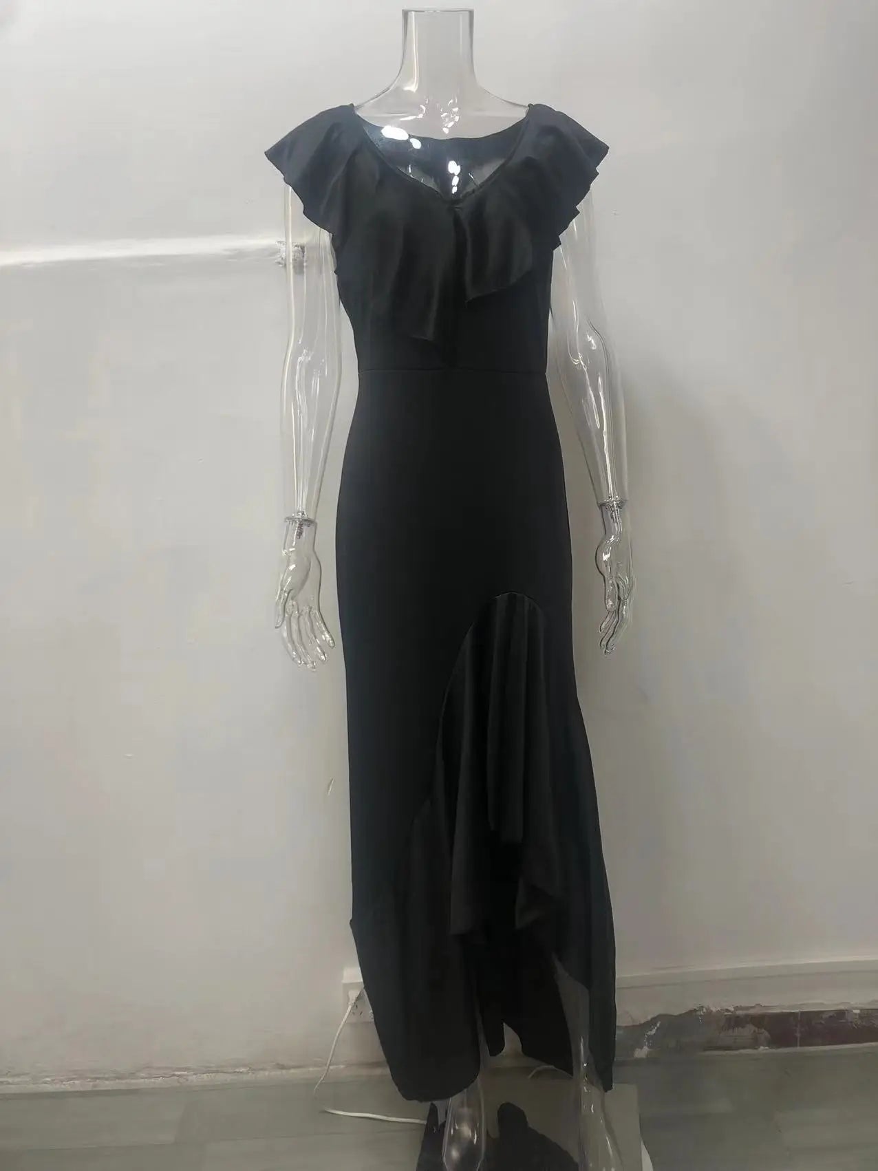 Elegant V-Neck Ruffle Hem Asymmetrical Dress European Style Women's Fashion 2026 Gown Classy Eveningwear