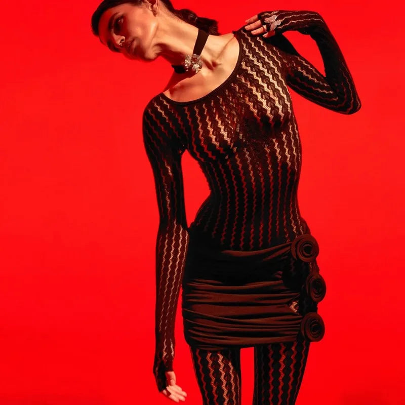 BOOFEENAA See Through Seamless Striped Jacquard One Piece Long Sleeve Jumpsuit Sexy All Black Outfits for Woman Baddie C92-DZ18