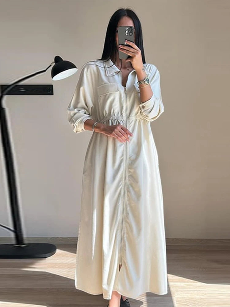 Women's Fashion Zipper Waist Long Dress Casual Solid Laple Full Sleeve A-line Long Robe Lady 2025 Autumn Chic Loose Streetwear