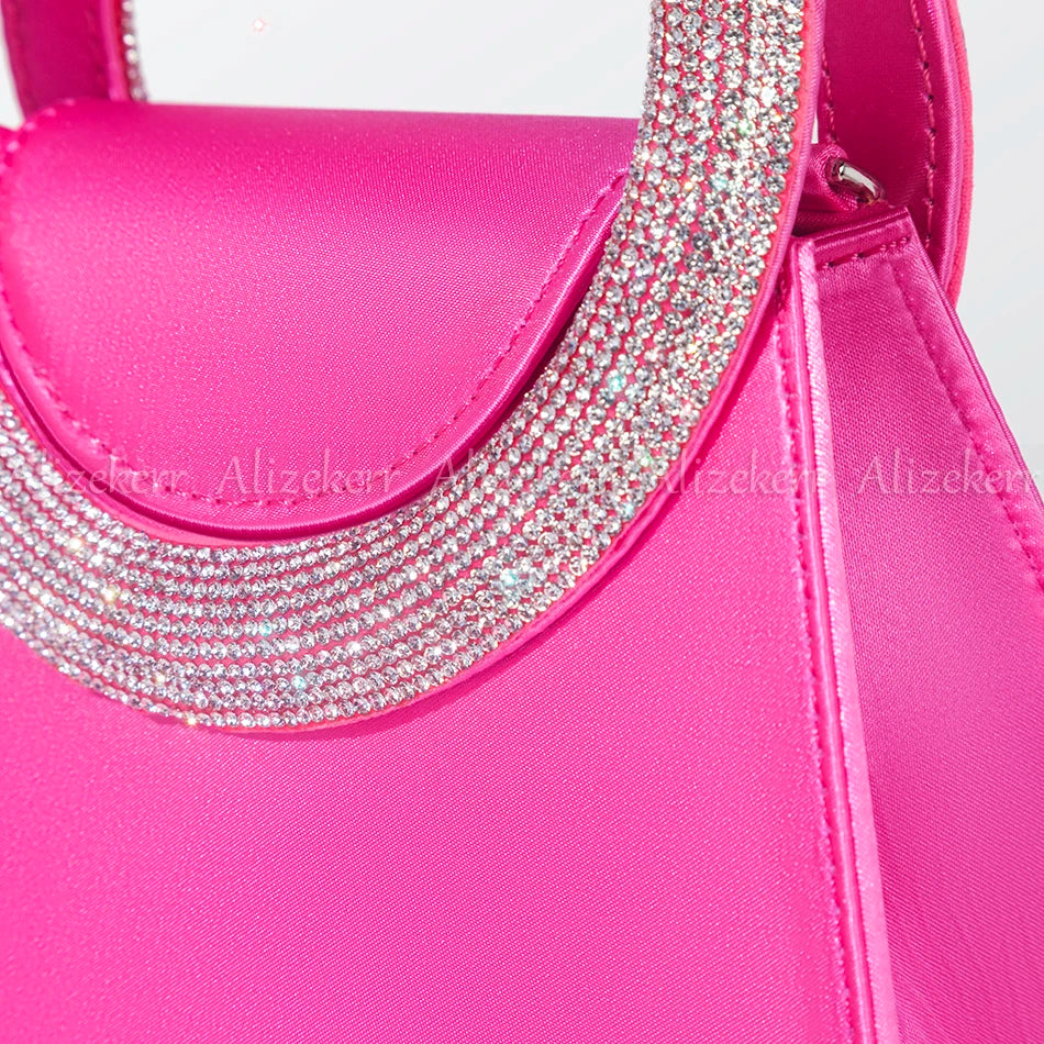 Bling Rhinestone Satin Handbags Women 2023 Elegant Boutique Round Crystal Handle Trapezoid Evening Clutch Purses Wedding Party