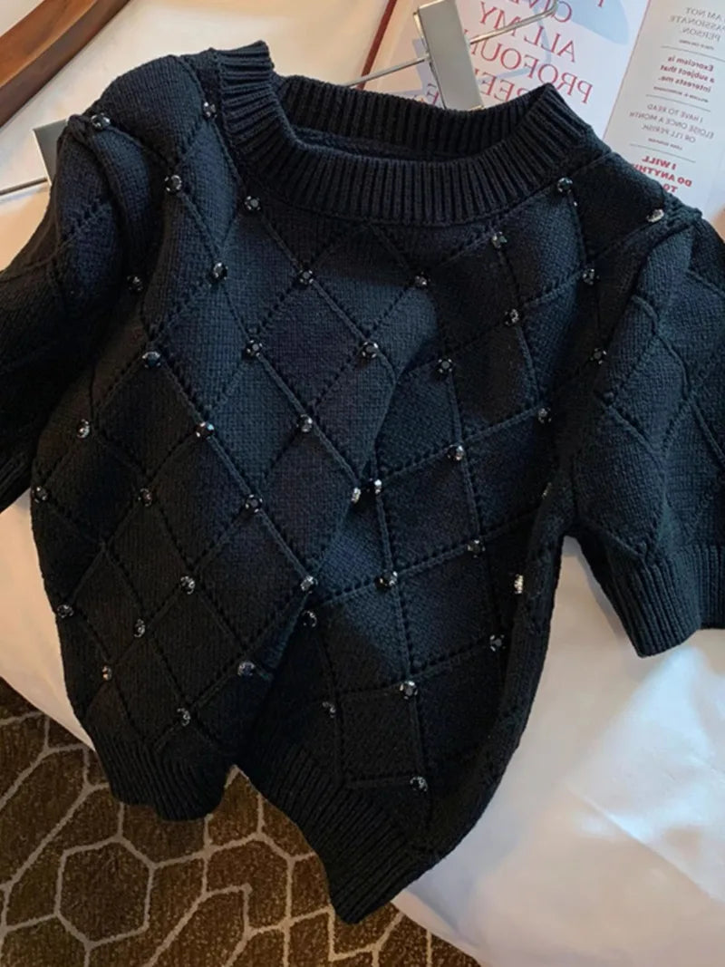 Vintage Knit Short Sleeve Cropped Sweater for Women
