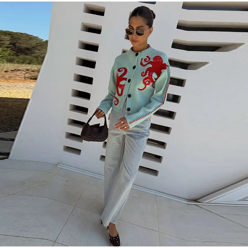 Elegant Knitted Octopus Jacquard Cardigan for Women