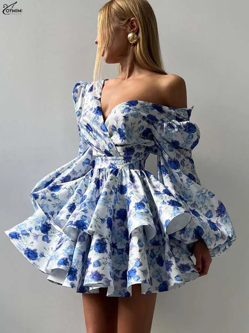 Oymimi Fashion Blue Print Womens Dresses Elegant V-Neck Long Sleeve Zipper Dresses Casual High Waist Pleated Mini Dress Female